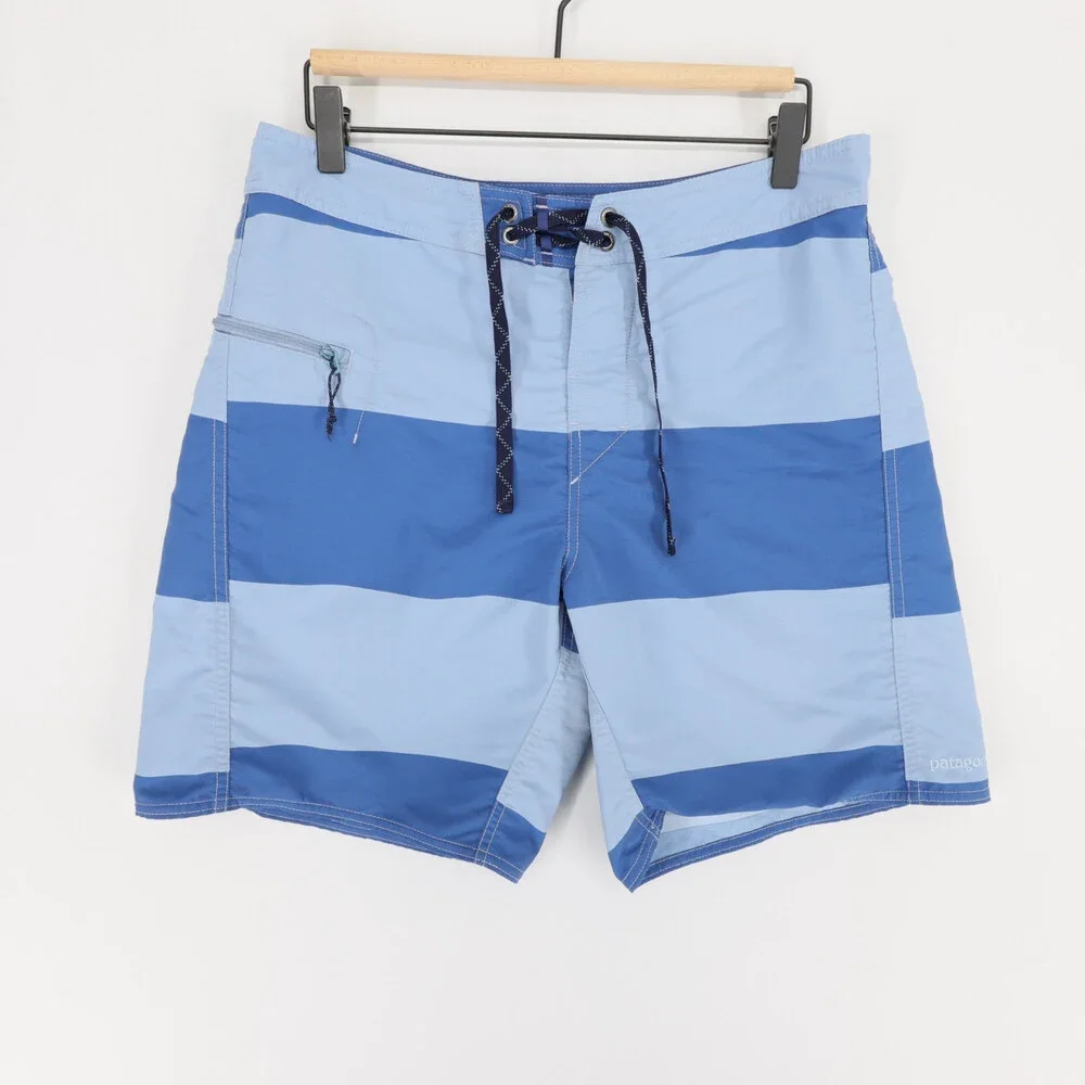 Patagonia Minimalist Wavefarer Board Shorts Mens 31 Blue Striped Swim Trunks